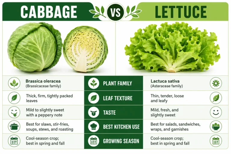 Infographic on the difference between cabbage and lettuce in plant family, leaf texture, taste, and growing season