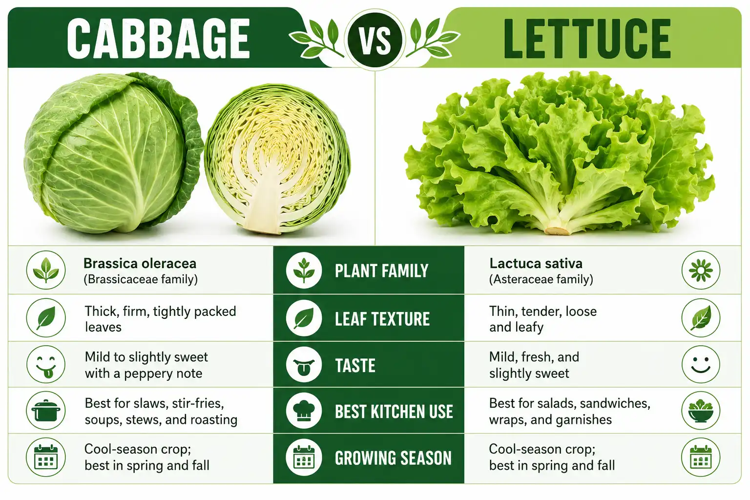 Infographic on the difference between cabbage and lettuce in plant family, leaf texture, taste, and growing season