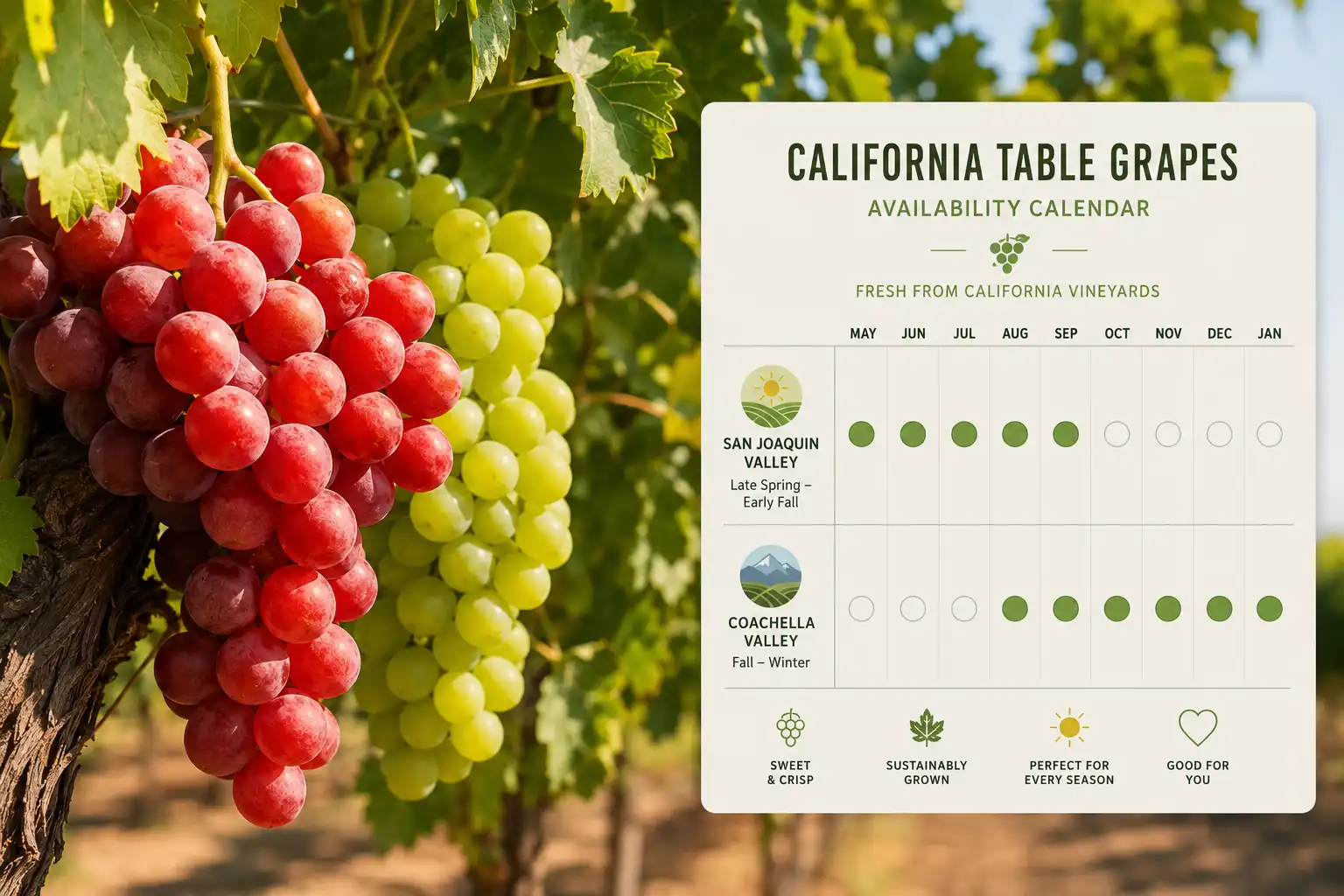 Infographic of California grapes are in season, fresh from May through January