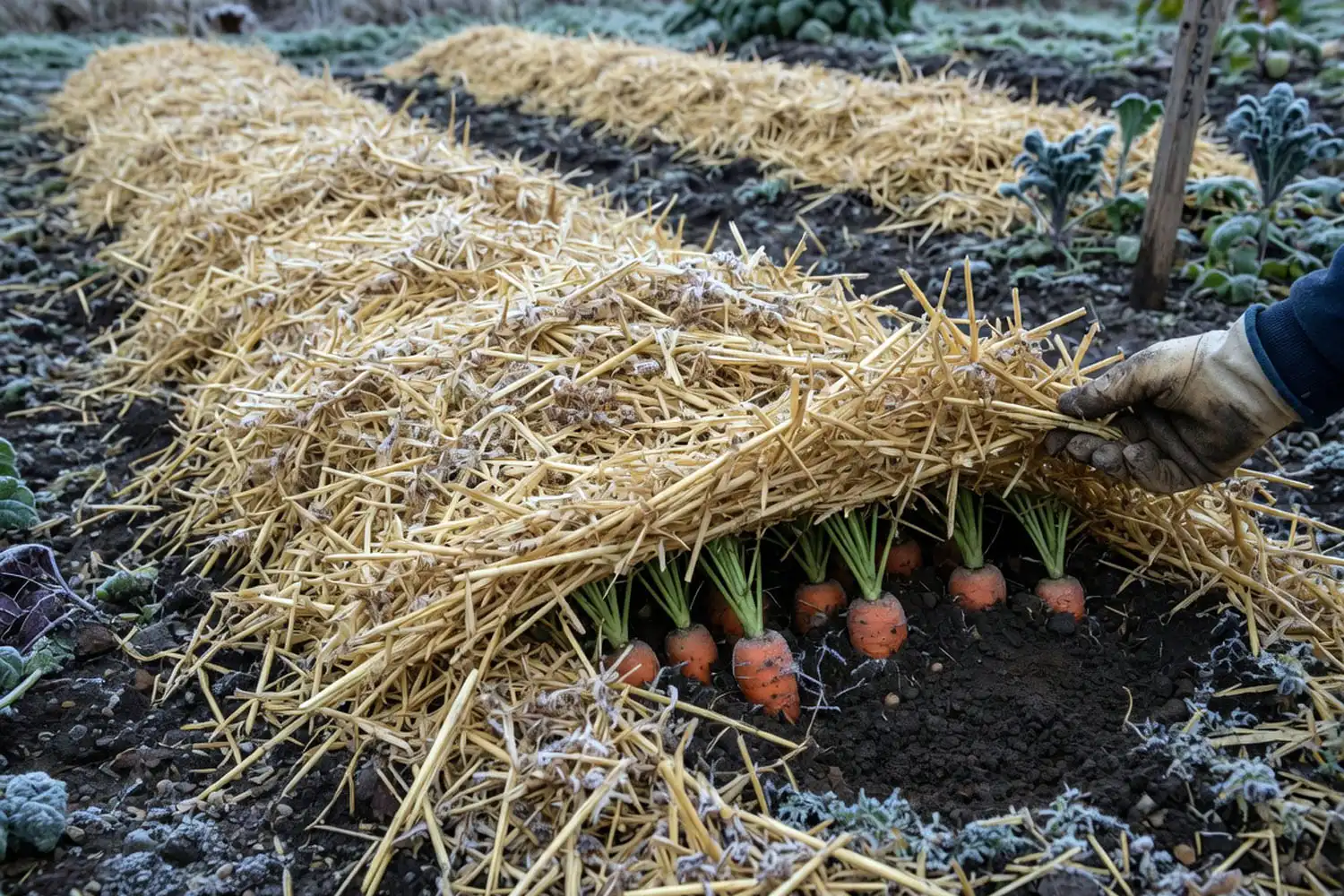 Straw mulch pulled back over a carrot row showing how to overwinter carrots in the ground