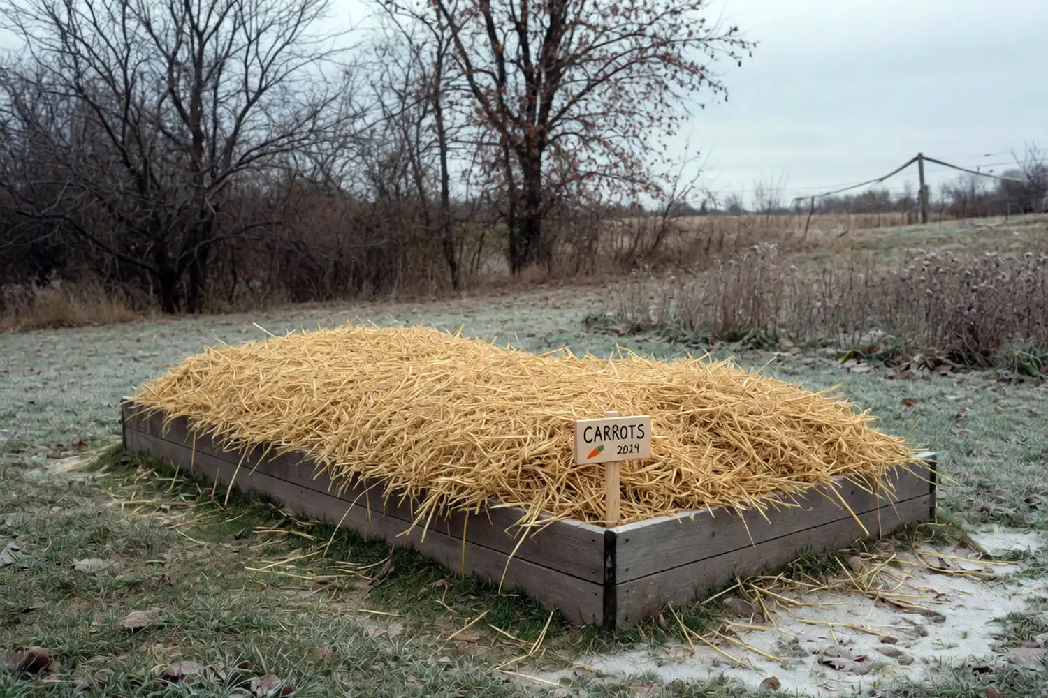 Garden carrot bed insulated under a thick straw mulch layer, the method for leaving carrots in the ground over winter
