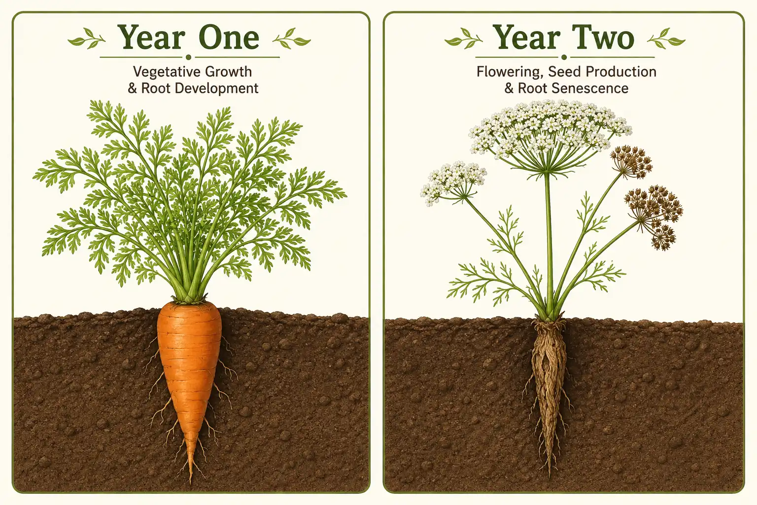 Infographic of a first year carrot root with a second year carrot that bolts and flowers