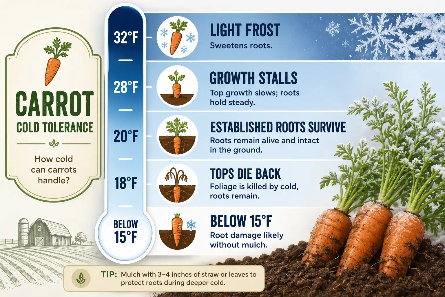 Infographic of carrot cold tolerance showing how cold carrots can tolerate at each temperature