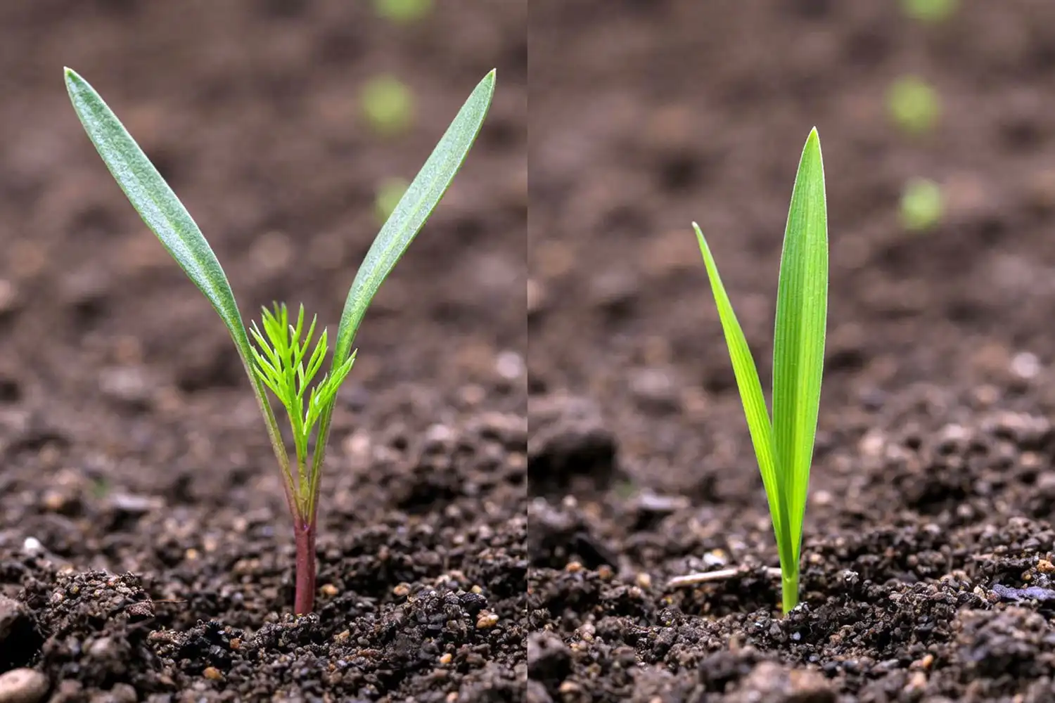 Comparison of carrot seedling leaves next to a grass blade to tell carrots from grass