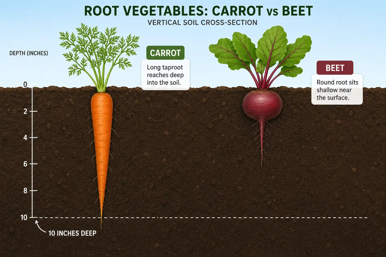 Diagram of a deep carrot taproot and a shallow beet root to show why beets and carrots do not compete underground