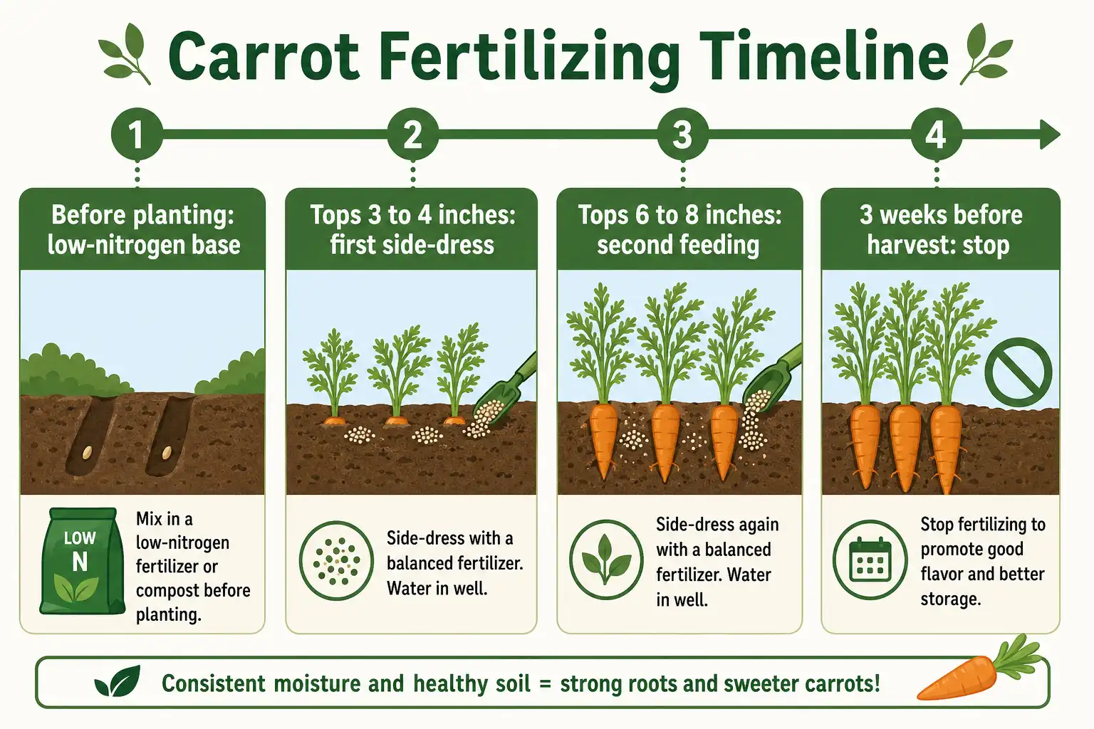 Infographic of when to fertilize carrots across four stages from before planting to three weeks before harvest