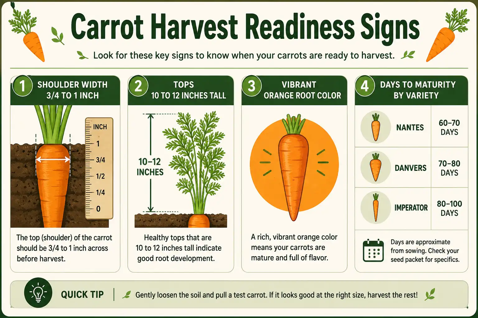 Infographic of carrot harvest readiness signs including shoulder size, top height, color, and days to maturity by variety