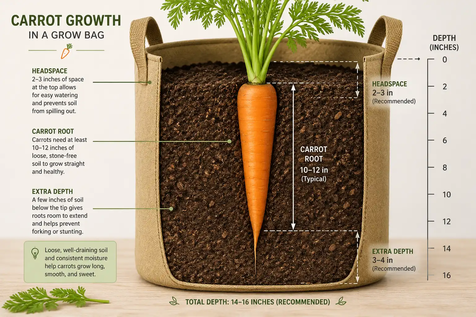 Cutaway diagram of carrot root length plus buffer depth needed in a grow bag