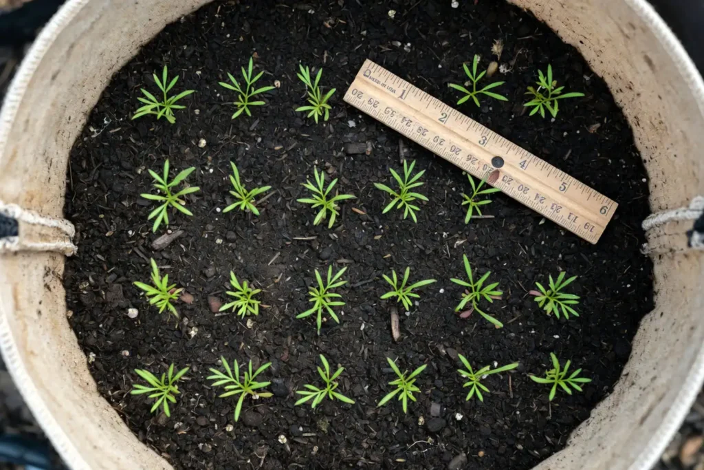 carrot seedlings spaced evenly across the soil in a grow bag