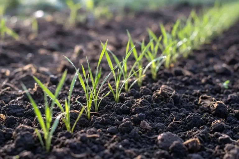 What carrots look like when they first come up, two thin green seed leaves rising from soil