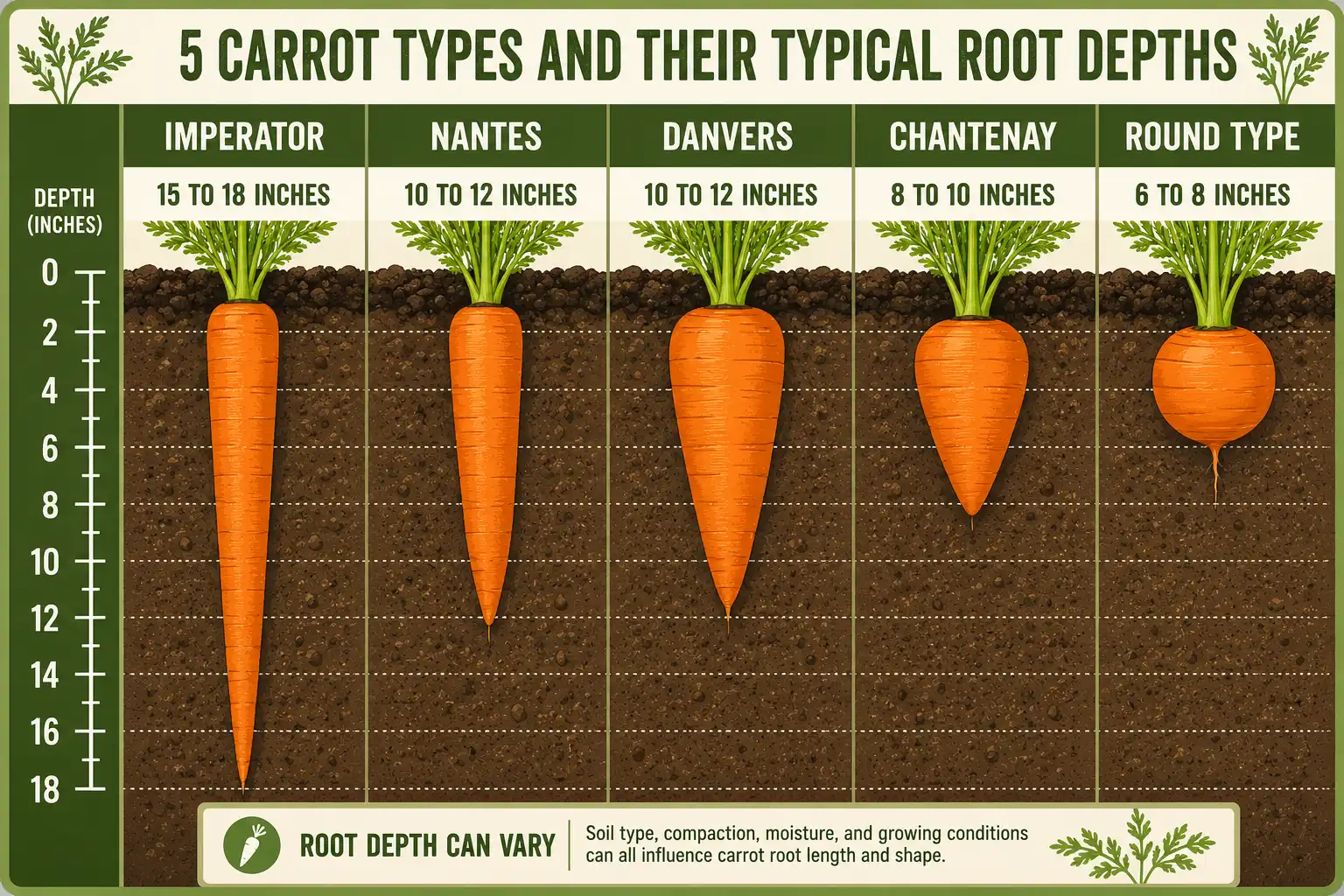 Infographic of recommended soil depth for Imperator, Nantes, Danvers, Chantenay, and round carrots.