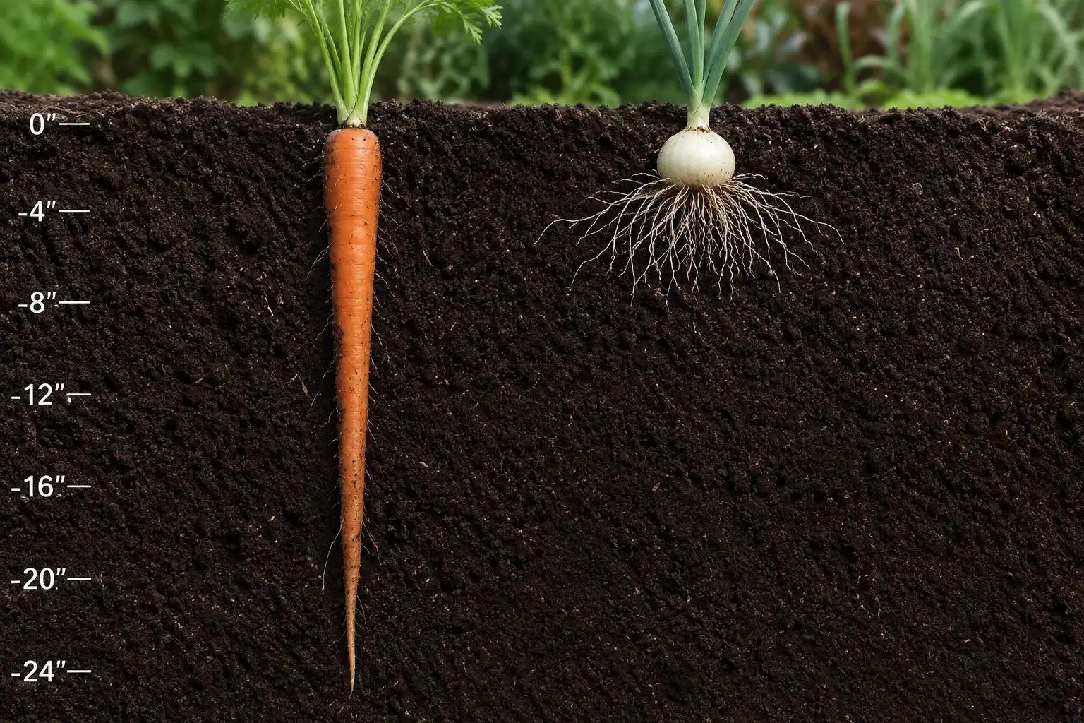 Soil cross-section comparing a deep carrot taproot with shallow onion roots showing why they do not compete