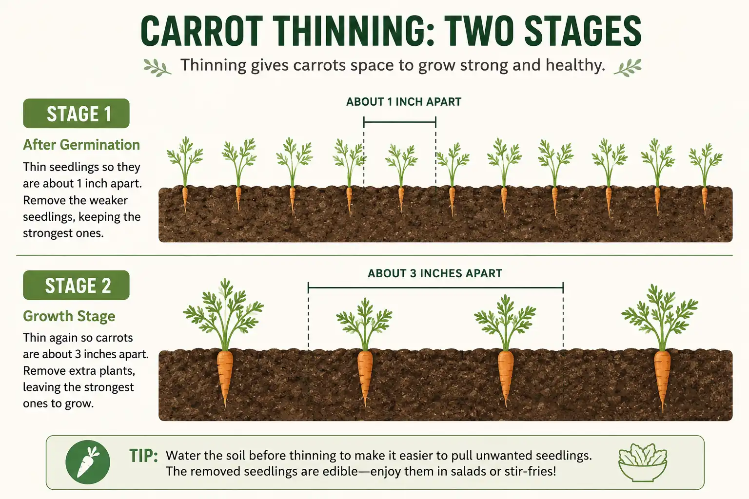 Infographic of the two thinning stages for carrots, from one inch to a final spacing of two to three inches