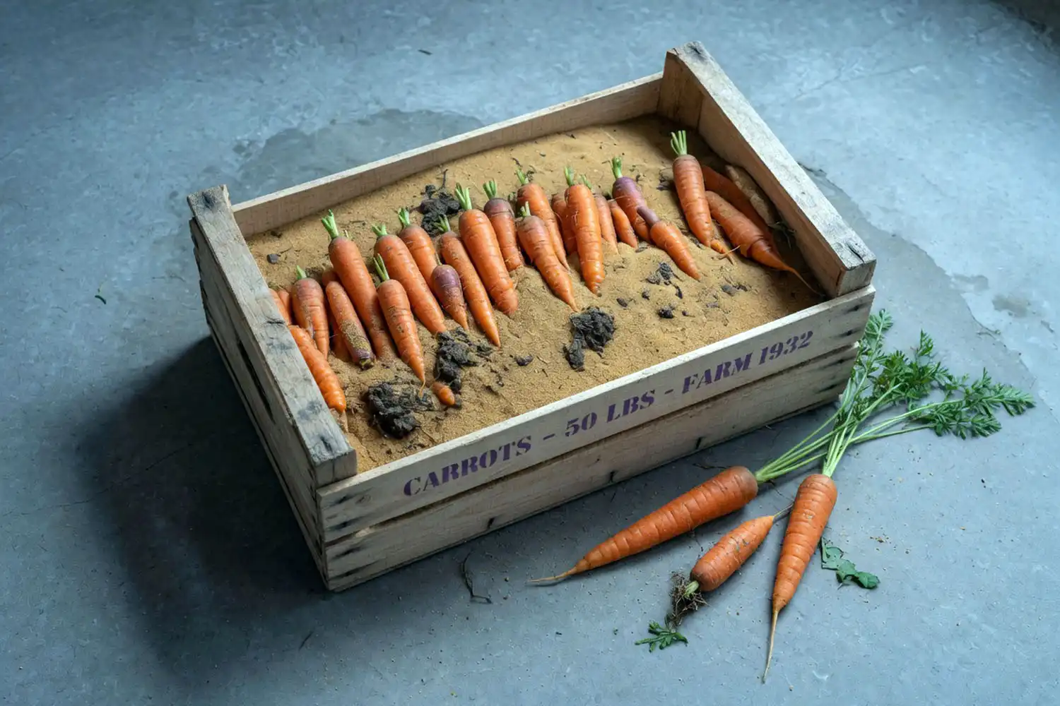 Garden carrots stored standing upright in damp sand inside a wooden crate, a long-term method for storing carrots in a root cellar