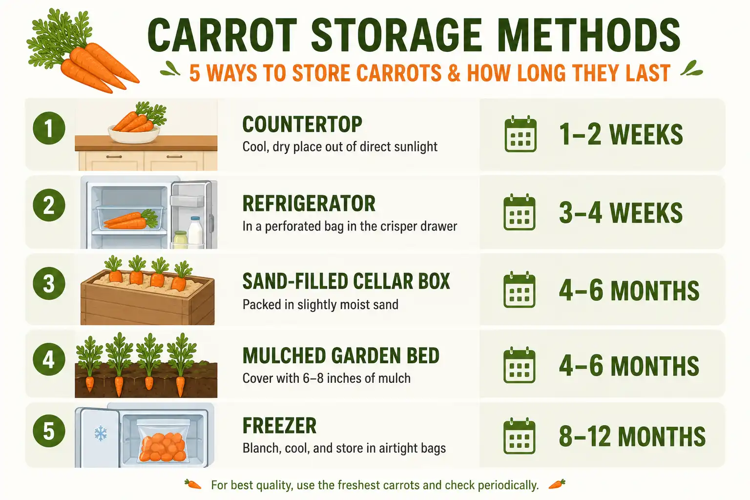 Infographic of the carrot storage methods and shelf life, from counter and fridge to root cellar, in-ground, and freezing