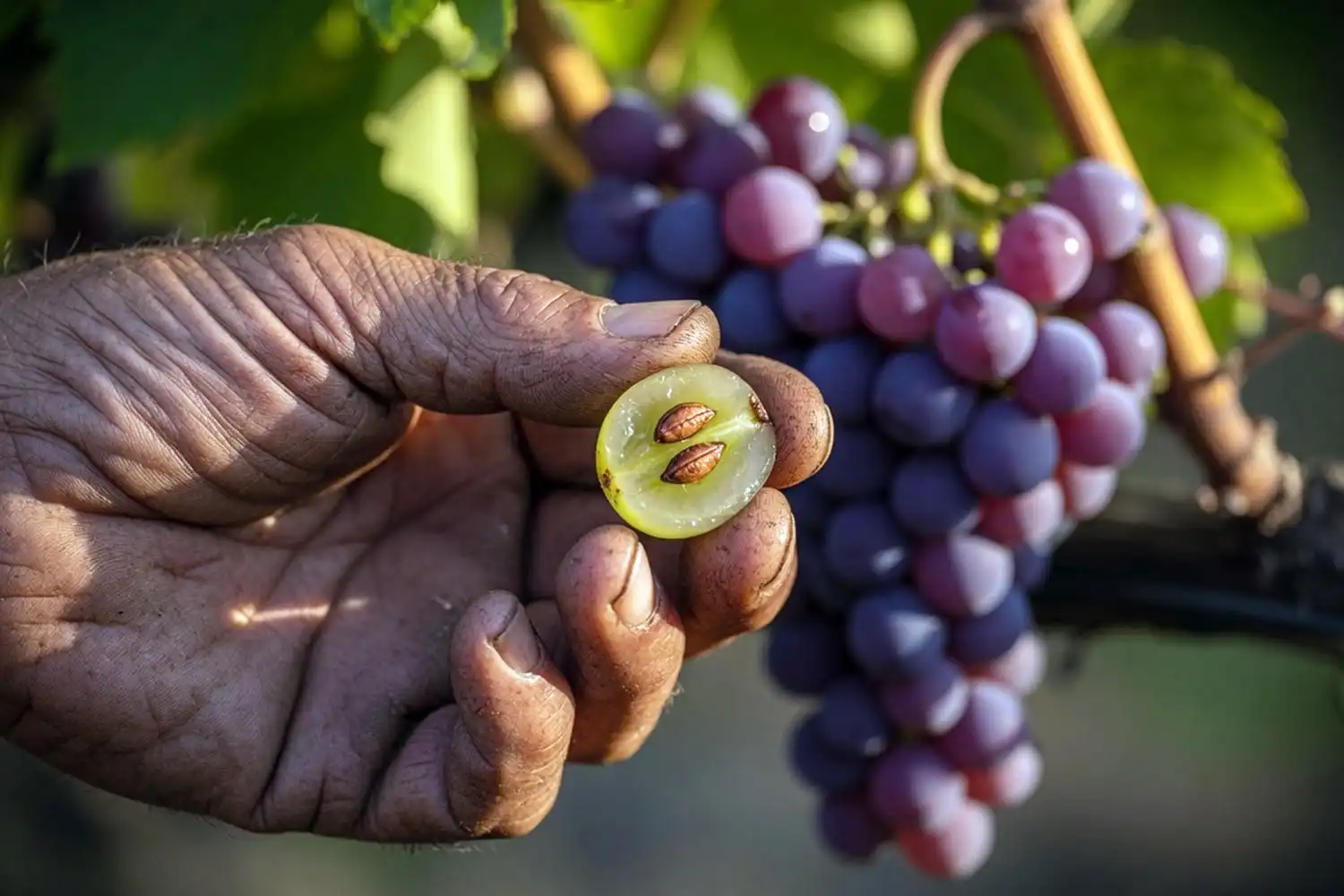 Cut grape berry showing brown ripe seeds, a sign grapes are ready to harvest