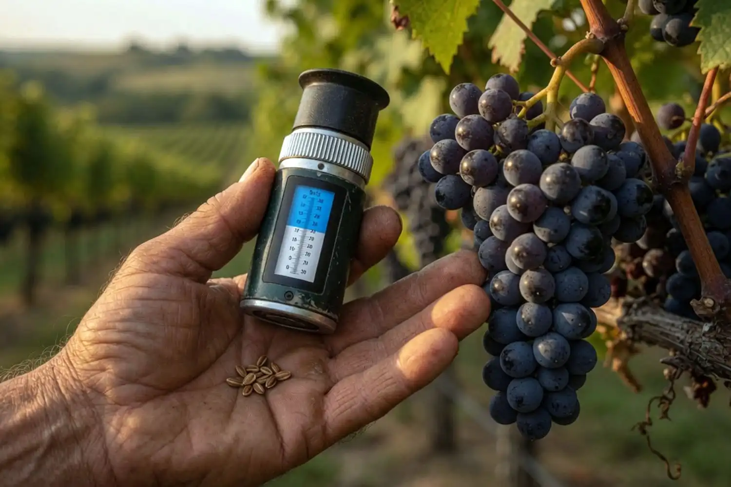 Farmer using a refractometer next to a ripe grape cluster to check sugar before picking, with brown mature seeds visible.