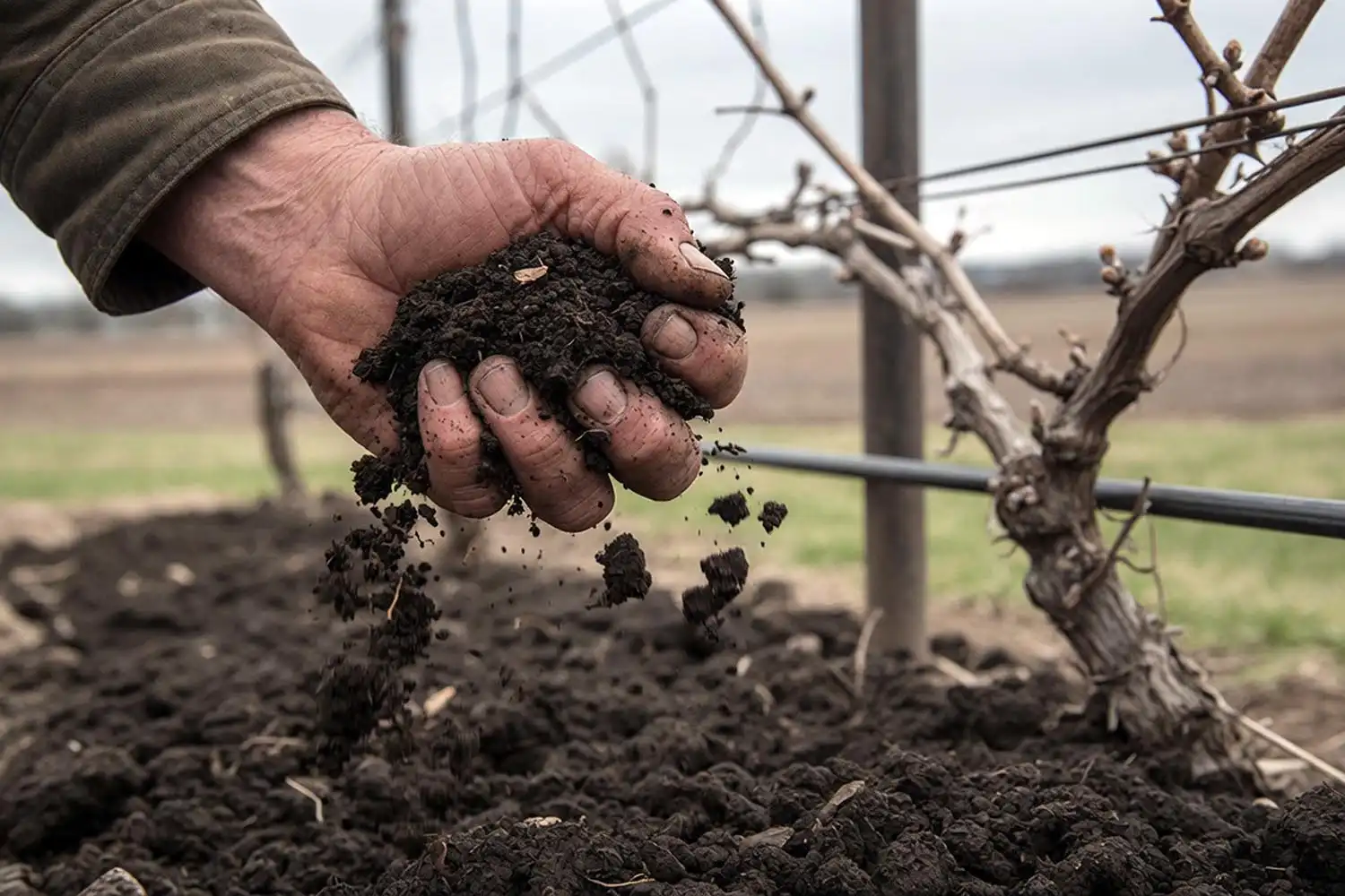 Farmer squeezing crumbly soil to check planting readiness for grapevines in spring