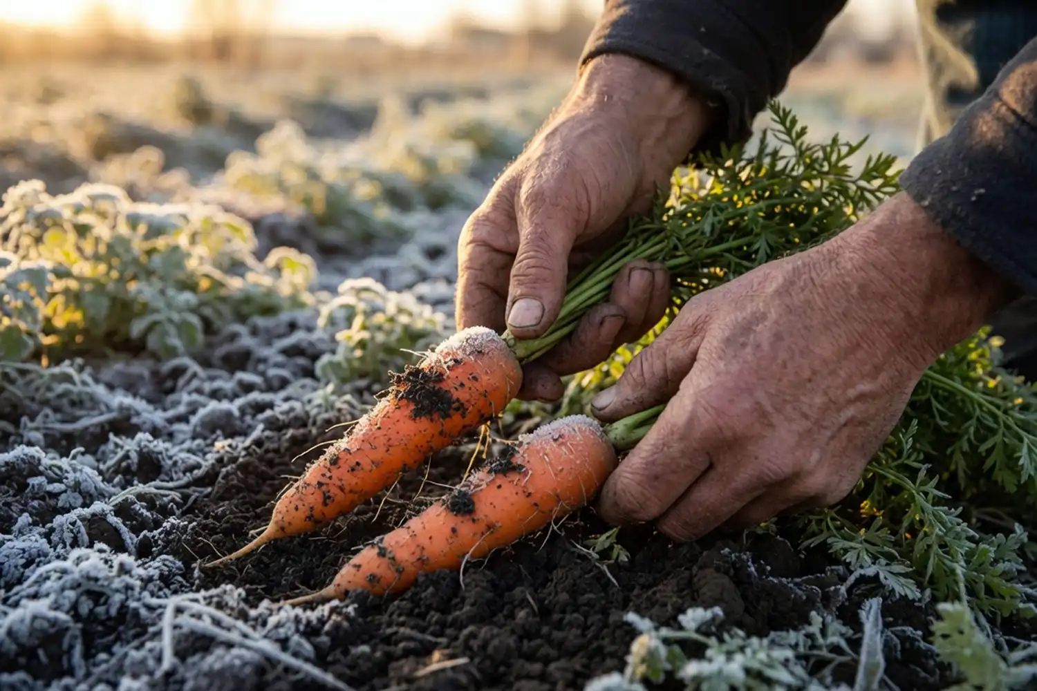 Farmer harvesting carrots from frosty ground, showing how cold can carrots tolerate in late fall