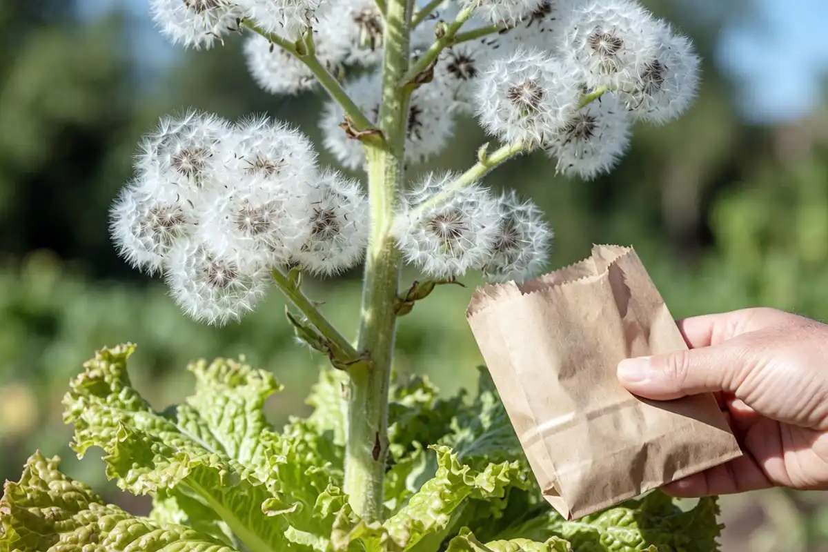 Fluffy white lettuce seed heads on a bolted plant with a hand collecting mature seed into a paper bag