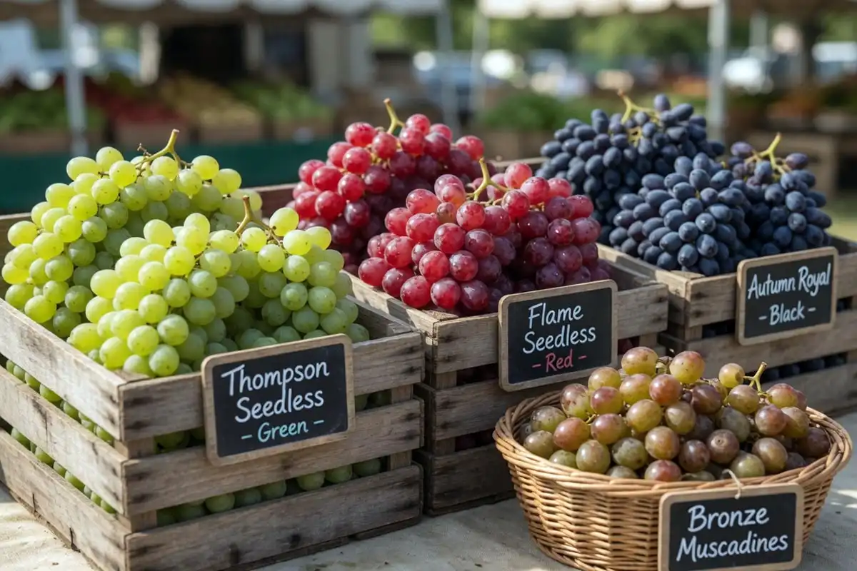 Market display of common US grape varieties including green Thompson Seedless, red Flame Seedless, black Autumn Royal, and bronze muscadines.