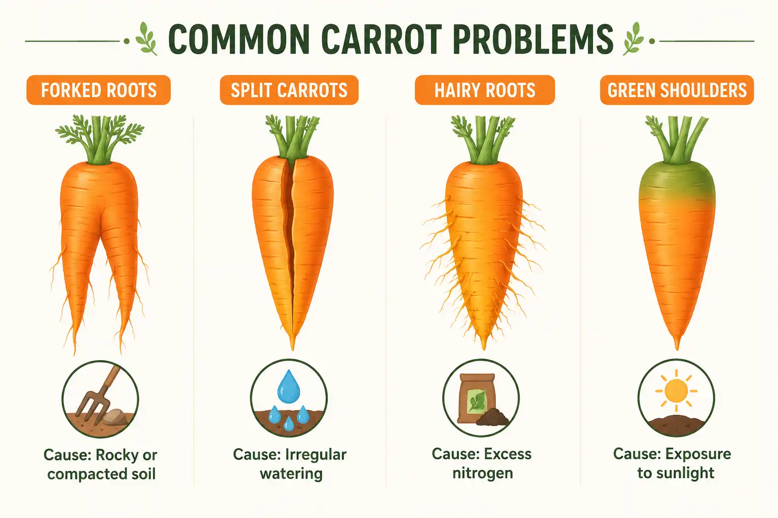 Infographic of common carrot growing problems including forking, splitting, hairy roots, and green shoulders with their causes
Crops & Seed