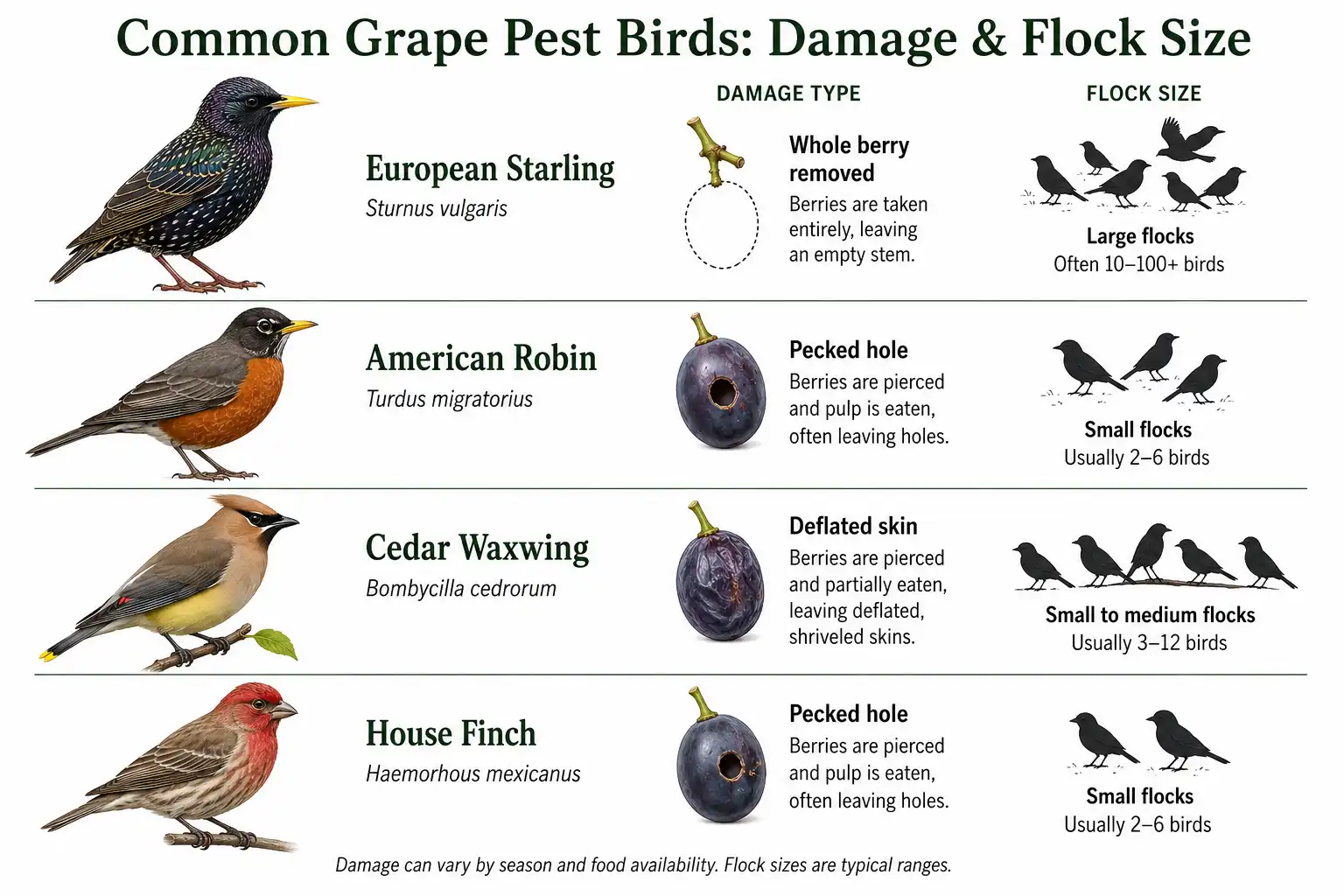 Chart of starlings, robins, cedar waxwings, and finches on how each bird damages ripening grapes