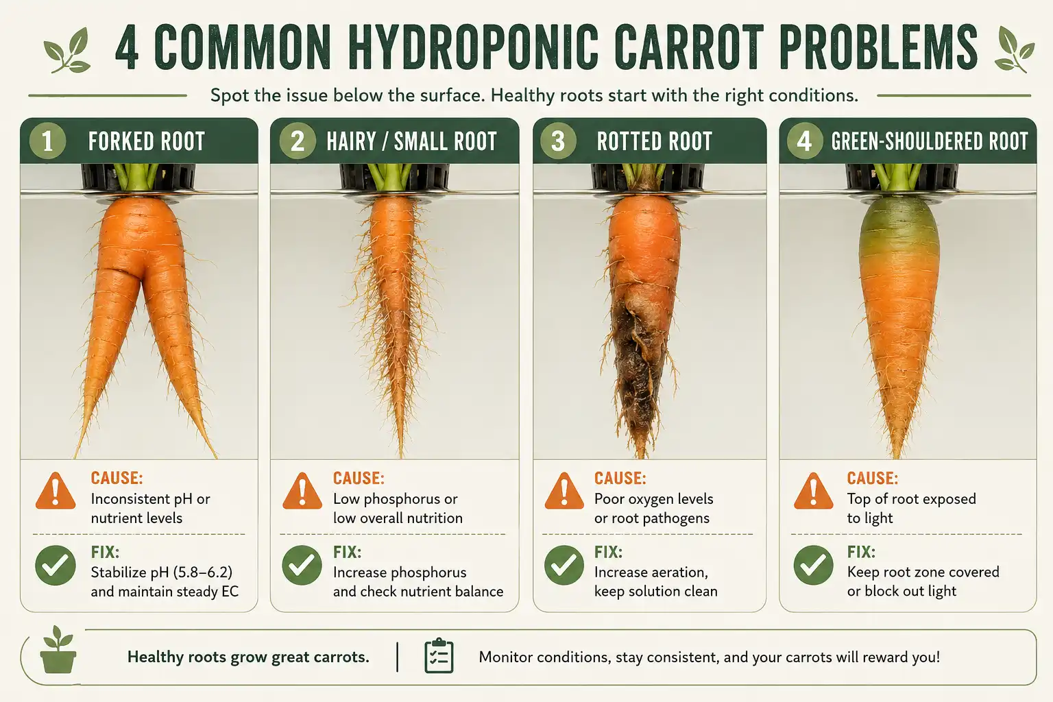 Infographic of forked hairy rotted and green shouldered hydroponic carrots with the cause of each root problem labeled