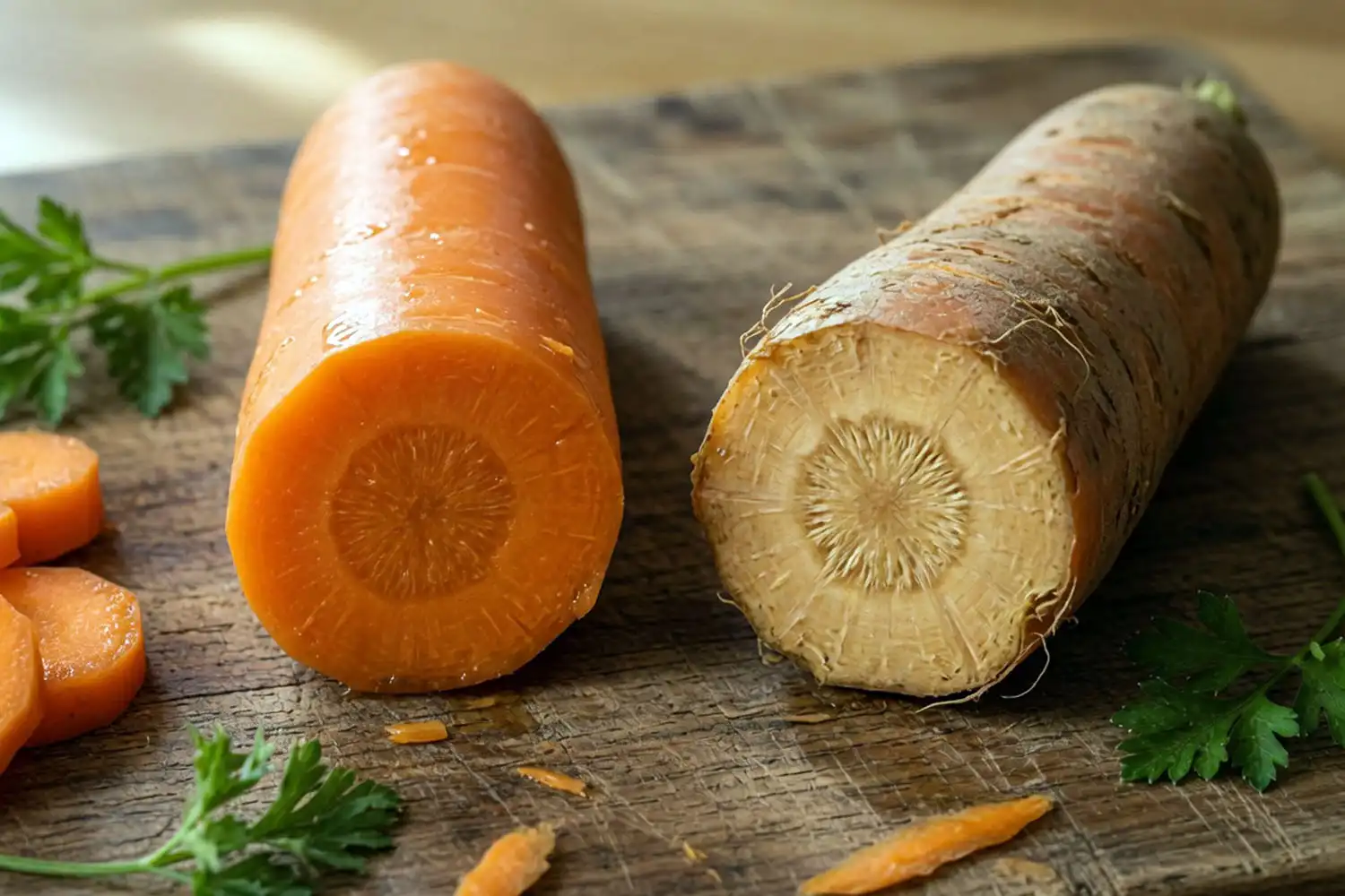 A good carrot with a juicy core next to a bolted carrot showing a pale woody fibrous center