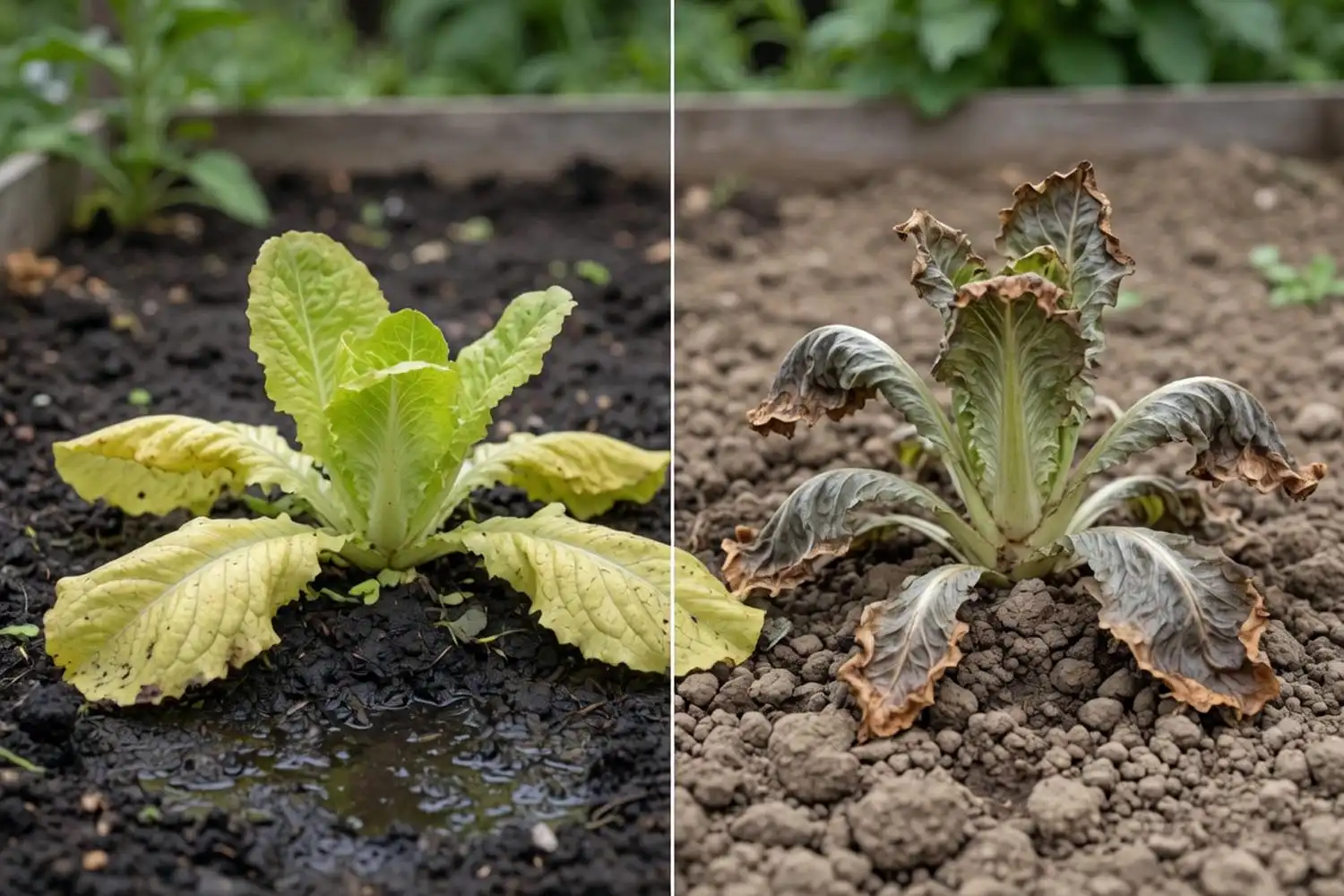Side by side lettuce comparison showing overwatering signs like yellowing and rot versus underwatering signs like wilting, bitter leaves, bolting, and tipburn