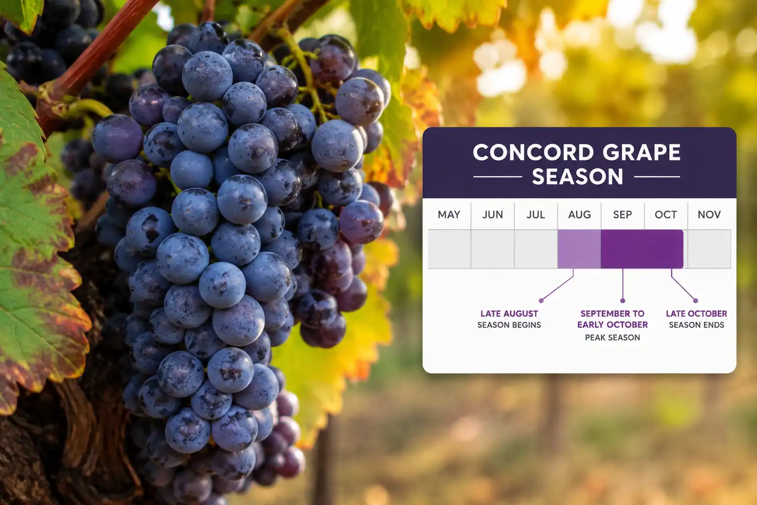 Infographic of when Concord grapes are in season, peaking mid September to early October, beside a ripe purple cluster on the vine