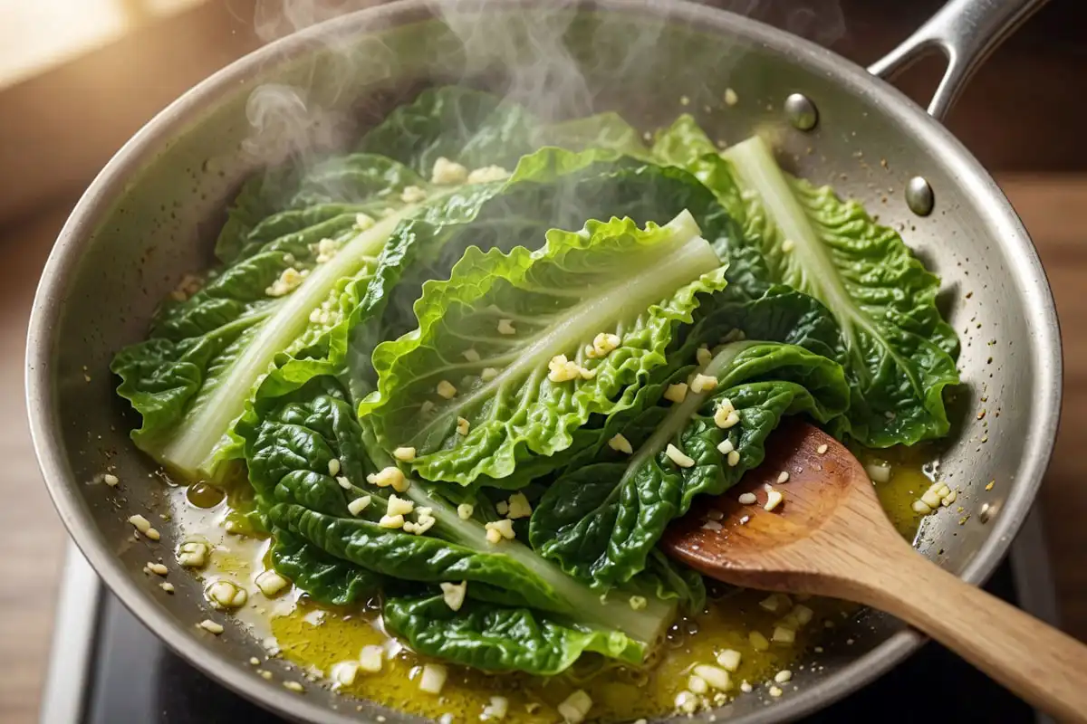 Bolted lettuce leaves sauteing in a skillet with garlic and olive oil to reduce bitterness