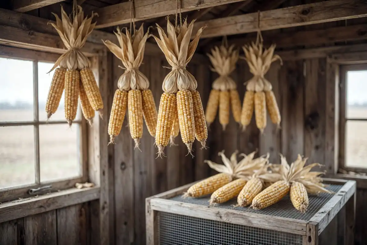 Open-pollinated corn ears with husks pulled back, hanging in bunches and resting on a screen to dry for seed in a shaded, airy shed.