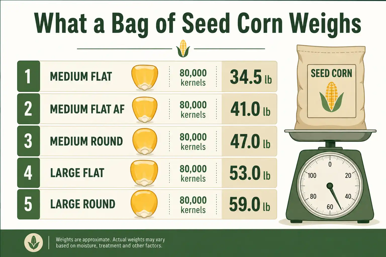 Chart of seed corn bag weight from 35 to 59 pounds by kernel size grade at a fixed 80,000 count