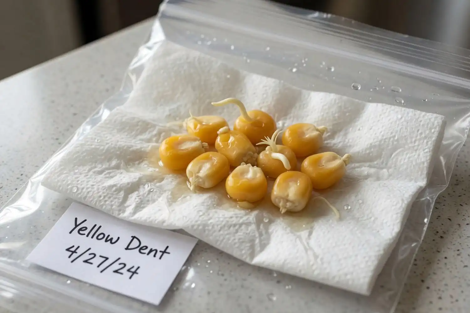 Corn seed germination test with dent corn kernels sprouting on a damp paper towel in a labeled bag, used to check seed viability before planting.