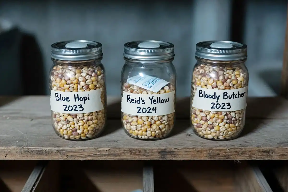 Corn seed stored in sealed labeled jars in a cool dark spot to make corn seed last longer