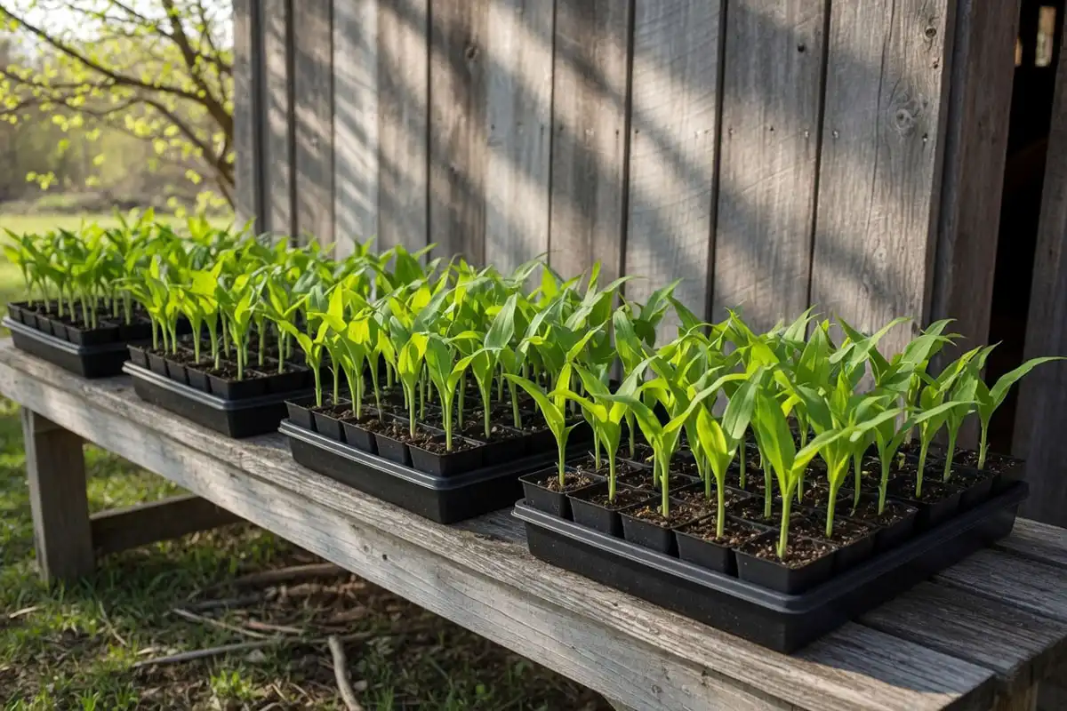 Trays of corn seedlings hardening off outdoors in shade before being transplanted