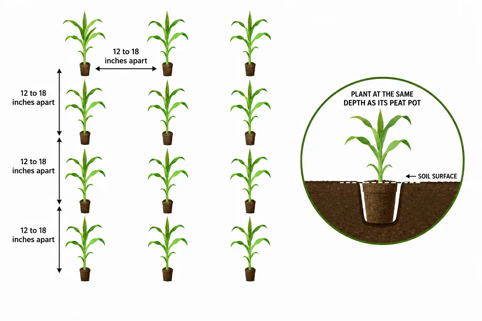 Diagram on corn transplant block spacing of 12 to 18 inches and correct planting depth