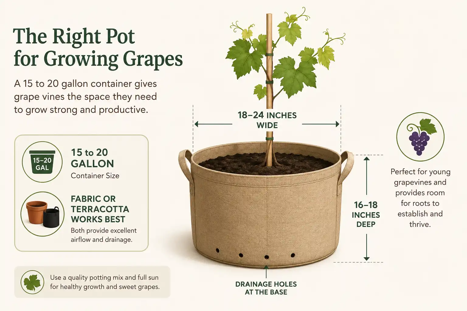 Diagram of the right pot size for grapes, a 15 to 20 gallon container 18 to 24 inches wide with drainage holes