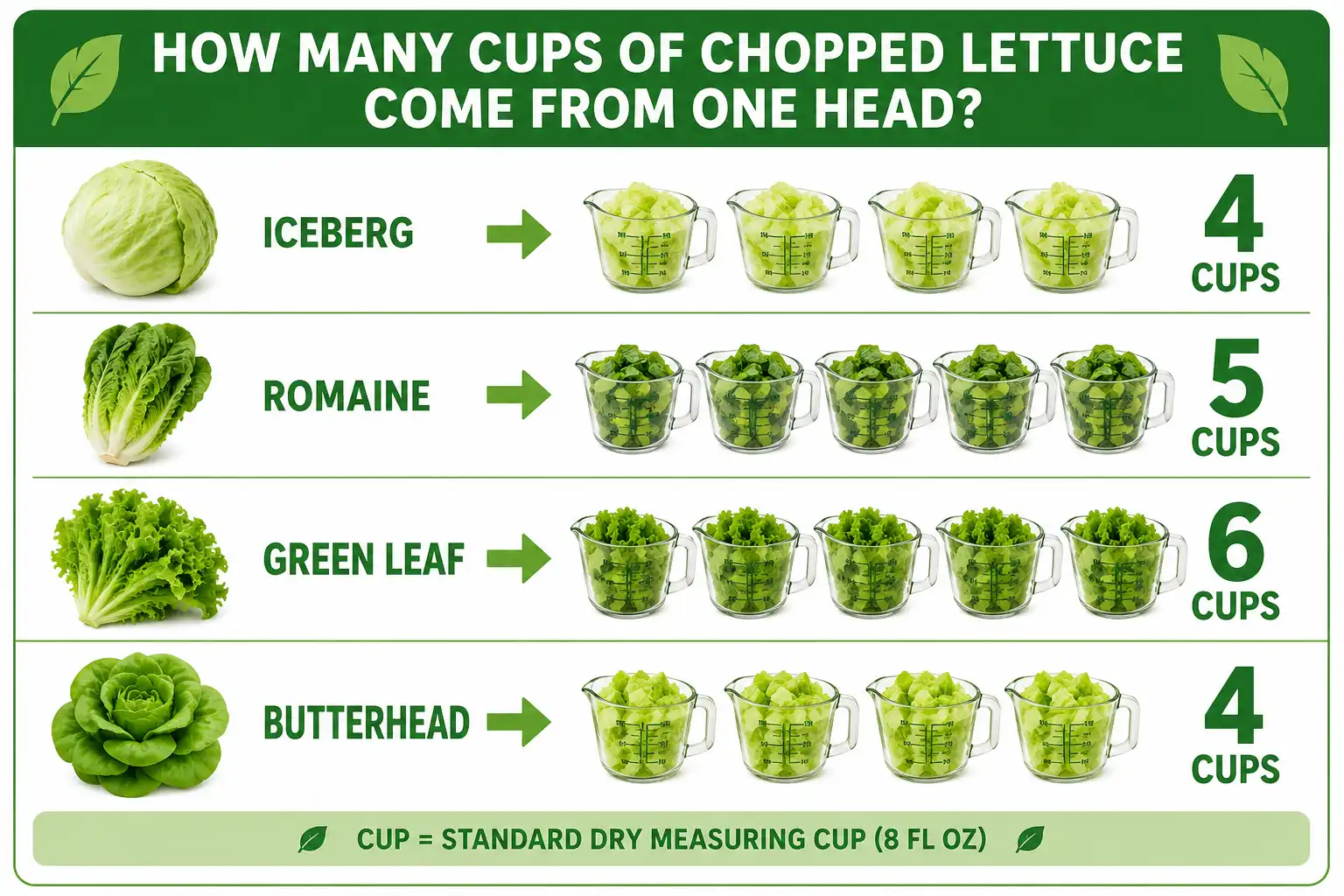 Chart on how many cups of chopped lettuce one head yields for iceberg, romaine, green leaf, and butterhead