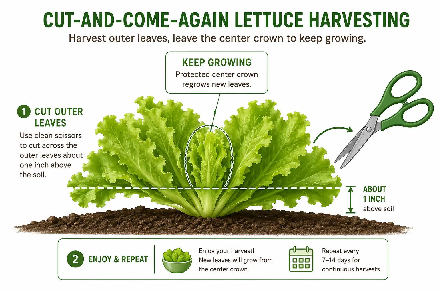 Diagram of how to harvest lettuce with the cut-and-come-again method, cutting outer leaves one inch above soil and leaving the center crown.