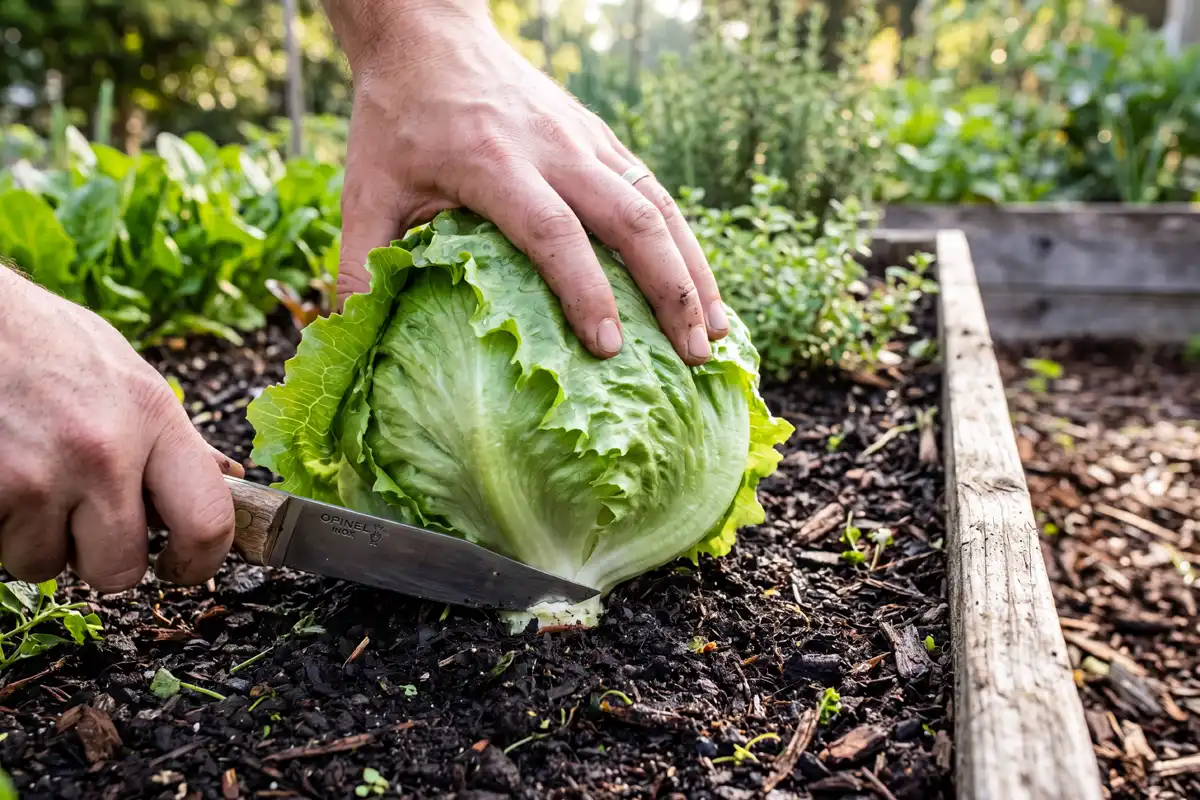 Farmer cutting an iceberg lettuce head at the soil line during harvest