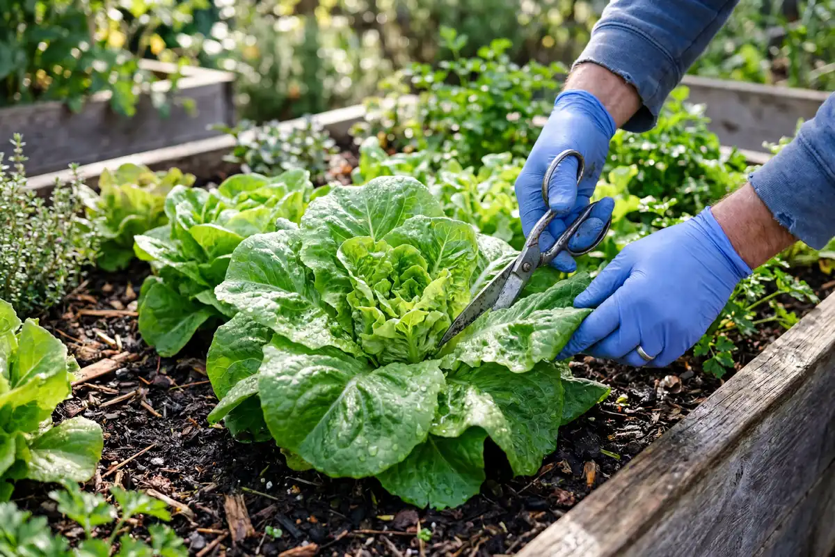 Farmer harvesting outer lettuce leaves while the center keeps growing, the cut-and-come-again method people mistake for perennial regrowth.
