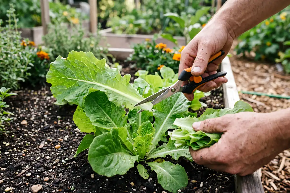 Farmer cutting outer leaf lettuce leaves an inch above the crown to keep the plant growing.