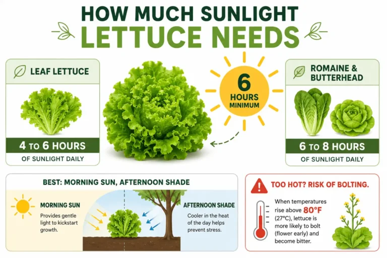 Infographic of how much sunlight lettuce needs, showing 6 hours minimum, leaf lettuce 4 to 6 hours, heading types 6 to 8 hours, and afternoon shade above 80°F