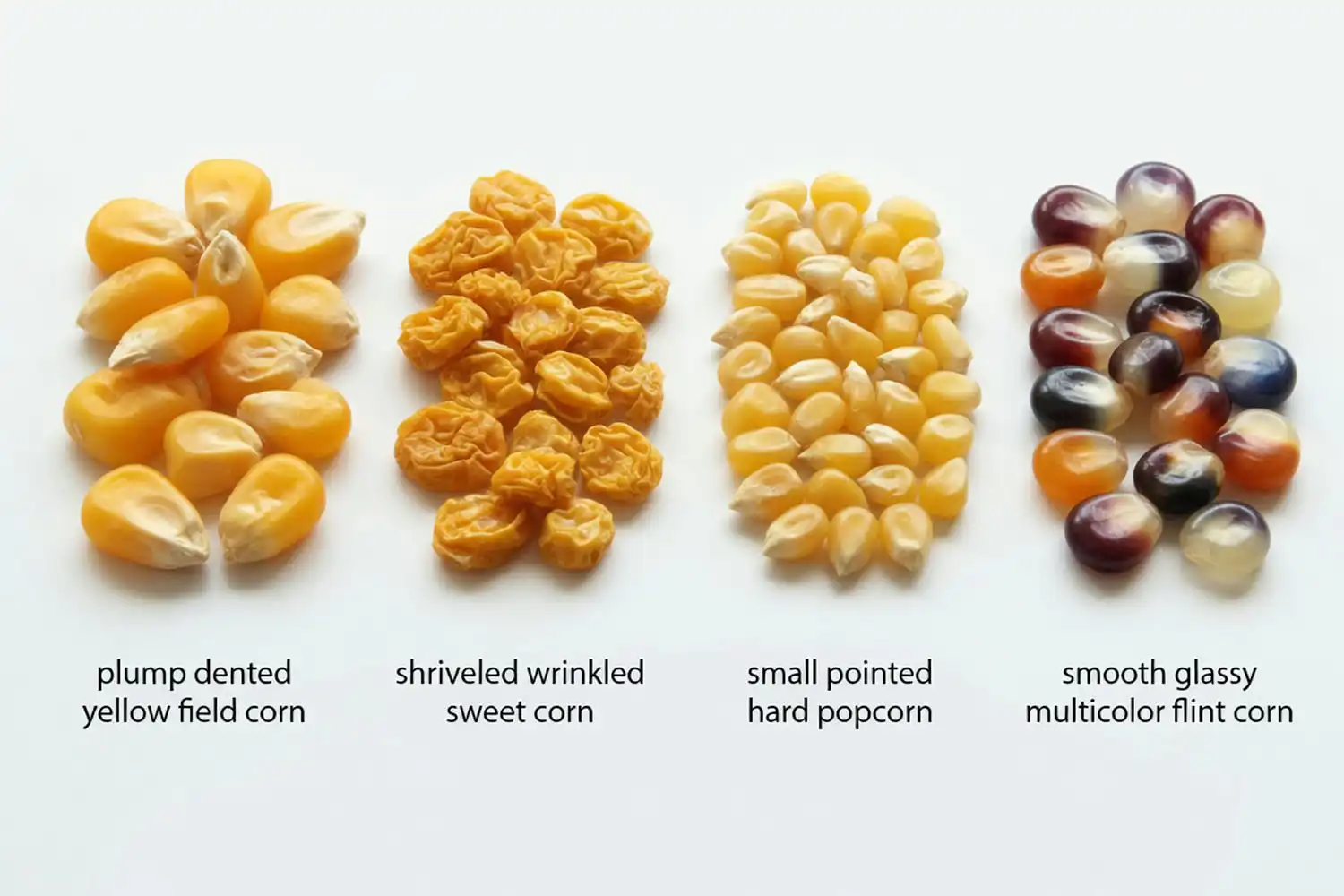 Side-by-side comparison of dent, sweet, popcorn, and flint corn seeds showing how each seed corn type looks different.