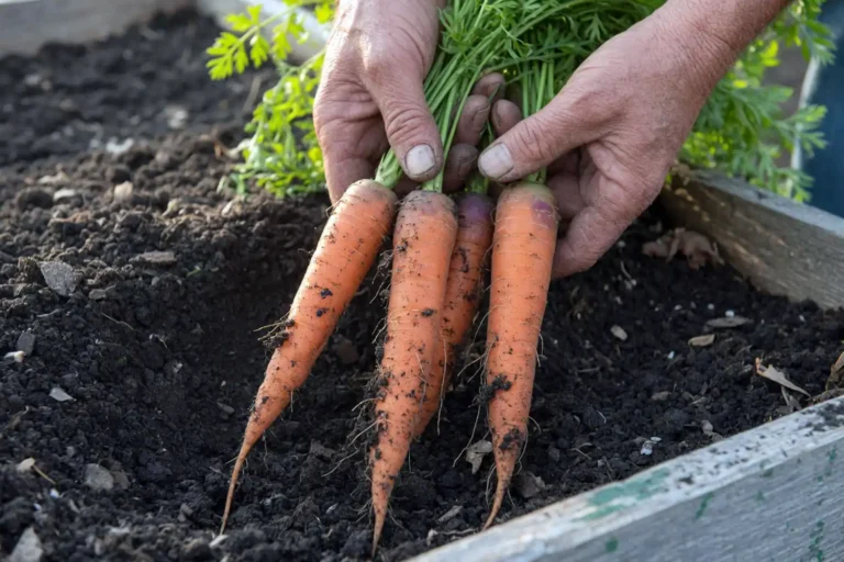 A grower pulling long straight carrots from deep loose soil, showing how much depth carrots need to grow.