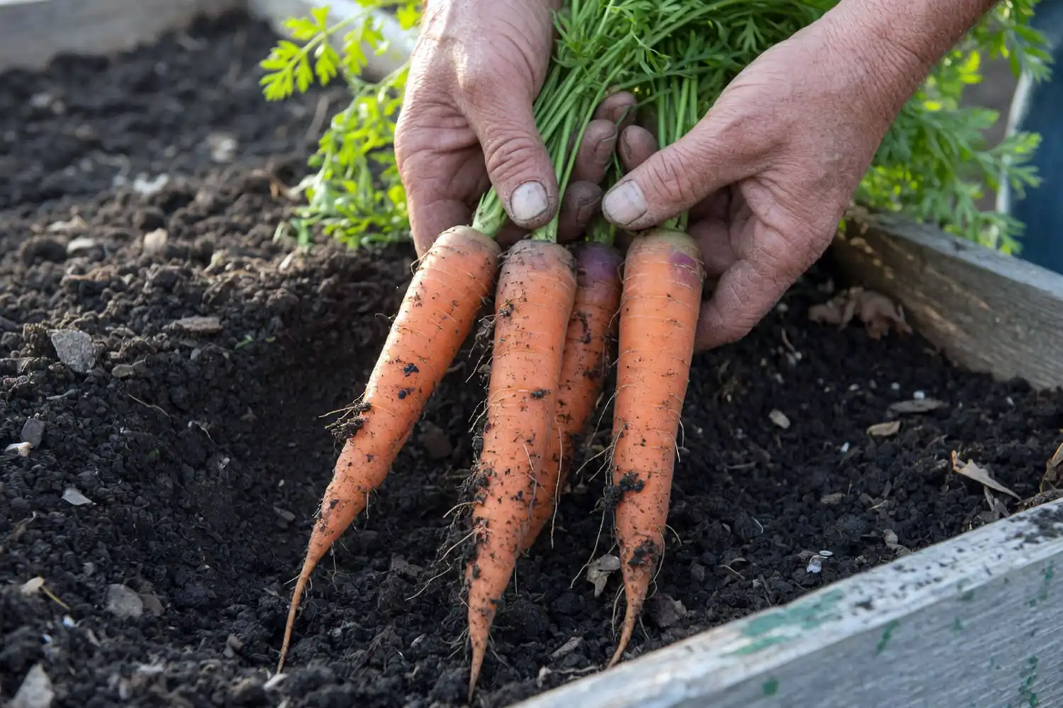 A grower pulling long straight carrots from deep loose soil, showing how much depth carrots need to grow.