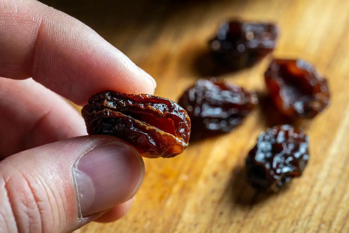 a homemade raisin cut open to show a fully dried leathery center, the doneness test for drying grapes.