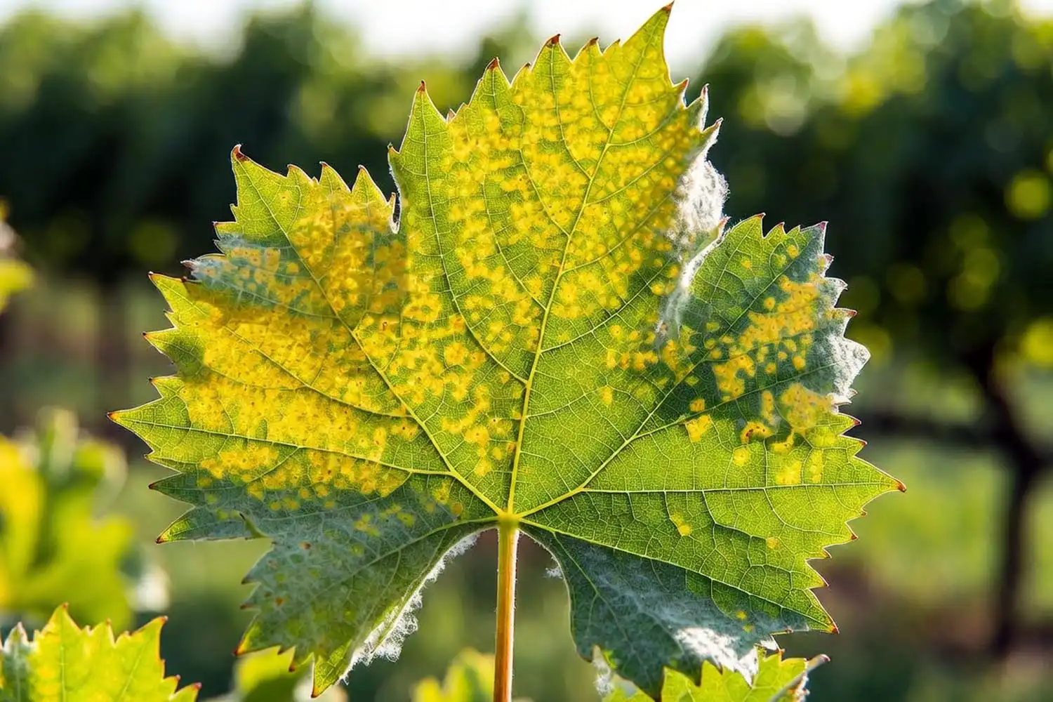 Grape leaf with yellow downy mildew oil spots, the main disease copper fungicide controls on grapes